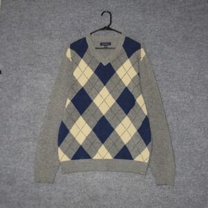 Club Room Sweater Mens M Gray Argyle V-Neck 100% Lambswool Pullover Long Sleeve